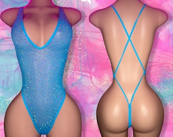 Tenues de danse exotiques, Body transparent, Bikini une pièce, Lingerie transparente, Tenues de strip-teaseuse, Body à strass, Maillot de bain string turquoise