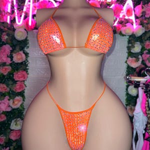 Exotic Dancewear, Orange Rhinestone Bikini, Stripper Outfits