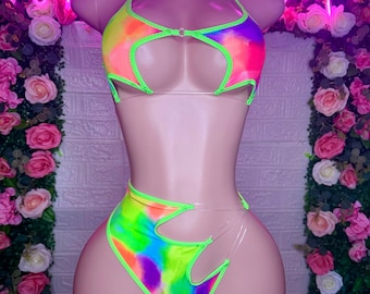 Exotic Dancewear Two Piece Set, Rave Outfits Club-Attire, Stripper Outfits, Exotic Dancewear, Rainbow Star Top Bikini