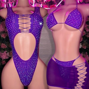 Exotic Dancewear Set, Ravewear, Stripper Outfits, Rhinestone Bodysuit, Skirt Set
