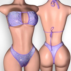 Exotic Dancewear, Two Piece Set, Stripper Outfit with Rhinestones, Black Bandeau Bikini