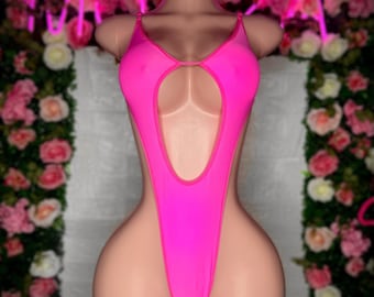 Bikini rosa tipo tirachinas, tanga ajustable de una pieza, ropa de baile exótica