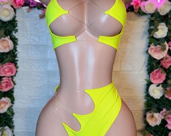 Neon Yellow Rave Outfit, Cutout Two Piece, Exotic Dancewear Set