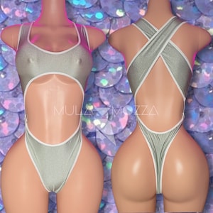 Exotic Dancewear, One Piece, Bodysuit Thong, Bottle Girl, Bartender Outfits, Stripper Jumspsuit, Silver Monokini