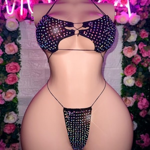 Exotic Dancewear Set, Stripper Outfits, Rhinestone Bikini, Two Piece