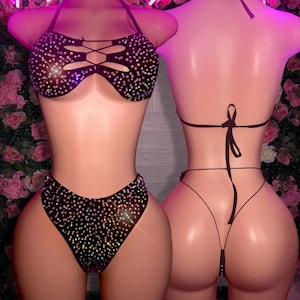 Exotic Dancewear, Ravewear, Two Piece, Stripper Outfits, Rhinestone Exotic wear, High Waist Thong Bottoms