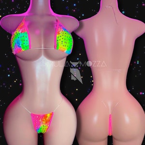 Exotic Dancewear, Rainbow Bikini with Clear Straps and Rhinestones