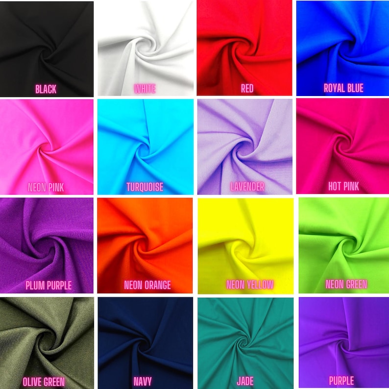 Puede incluir: Una cuadr&iacute;cula de diecis&eacute;is muestras de tela en varios colores s&oacute;lidos, cada una con un remolino central. Los colores incluyen negro, blanco, rojo, azul real, rosa ne&oacute;n, turquesa, lavanda, rosa intenso, morado ciruela, naranja ne&oacute;n, amarillo ne&oacute;n, verde ne&oacute;n, verde oliva, azul marino, jade y morado.