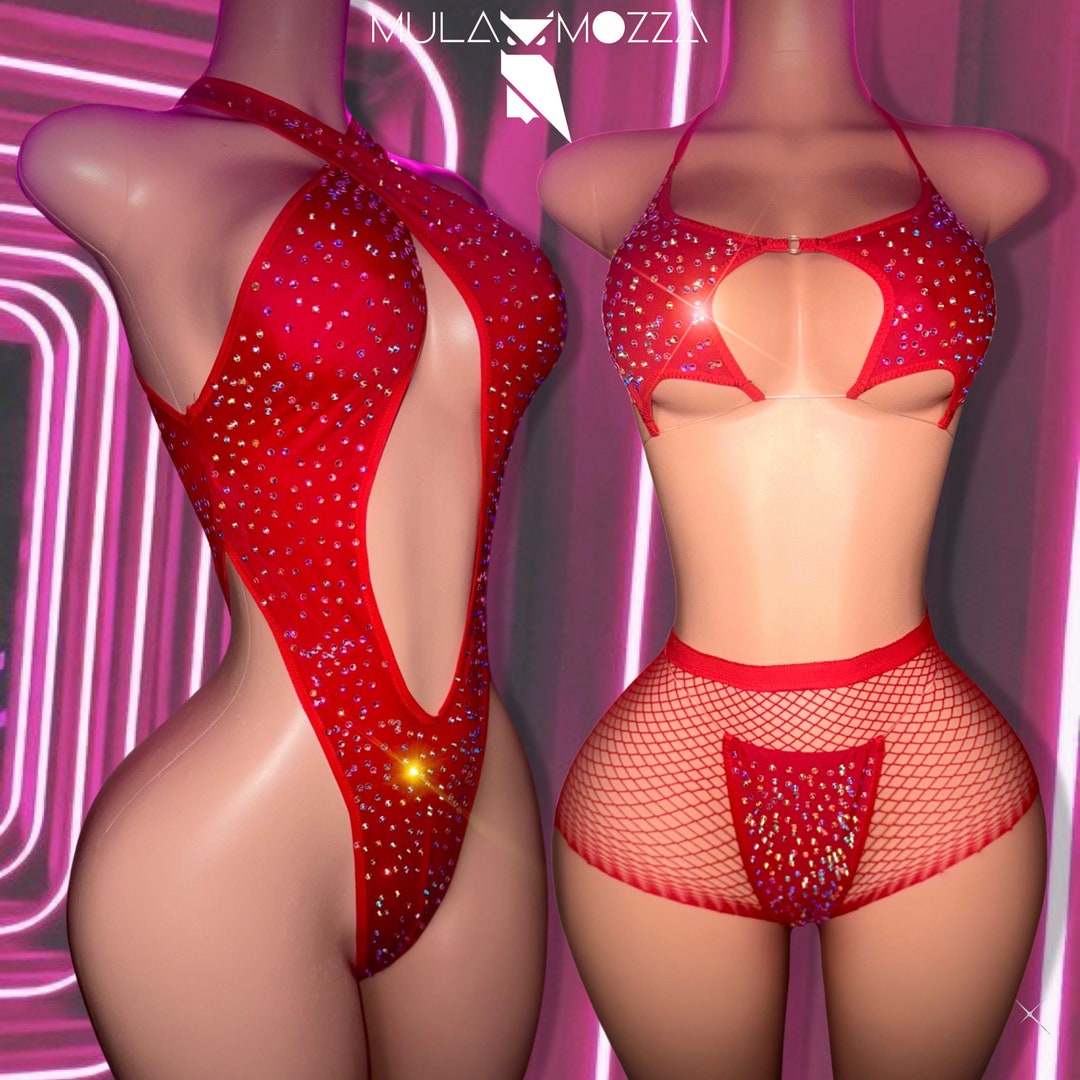 Exotic Dancewear Set, Rhinestone Bodysuit, Star Top Bikini