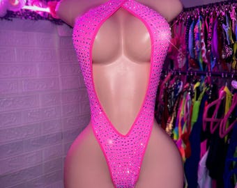Exotic Dancewear, Pink Rhinestone Bodysuit, Stripper Outfits, One Piece, Club-Attire