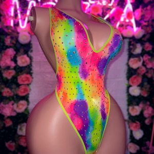Exotic Dancewear, Rhinestone One Piece, Rainbow Stripper Outfit