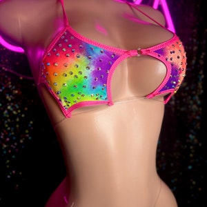 Exotische Tanzbekleidung, Stern-Top-Bikini, Regenbogen, Stripper-Outfits mit Strasssteinen, zweiteilig, Rave-Set Bild 4