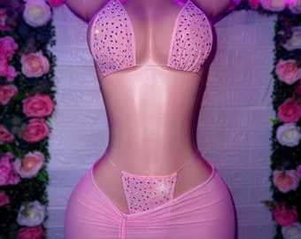 Tenues de danse exotiques, Ensemble jupe, Bikini rose transparent, tenues de strip-teaseuse, tenue de danseuse exotique transparente