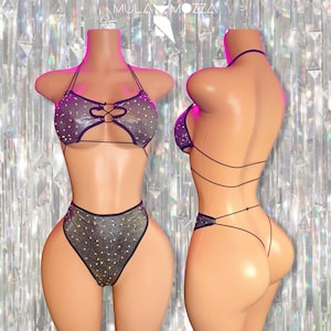 Exotic Dancewear Set, Two Piece, Bedazzled   Bikini, Stripper Outfits, Thong with Cut Outs, Clubwear, Rave Outfits
