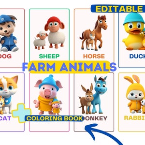 Animales de Granja 8 Tarjetas Flash Montessori editables para niños en edad preescolar - Tarjetas didácticas interactivas de nomenclatura PDF - Tarjetas educativas imprimibles