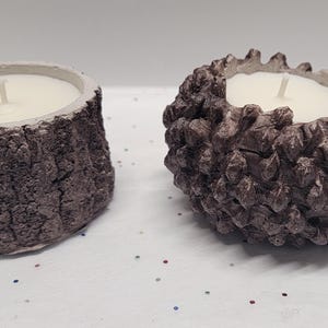 May include: Two decorative candle holders. One is a cylindrical shape with a textured, bark-like appearance. The other is a pine cone shape. Both have a white candle inside. The candle holders are brown and gray.