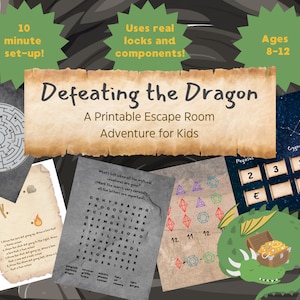 Puede incluir: Un juego de escape room imprimible para ni&ntilde;os llamado "Defeating the Dragon". El juego presenta una variedad de rompecabezas, que incluyen un laberinto, una b&uacute;squeda de palabras, un rompecabezas l&oacute;gico y un desaf&iacute;o de descifrado de c&oacute;digos. El juego est&aacute; dise&ntilde;ado para ni&ntilde;os de 8 a 12 a&ntilde;os y tarda unos 10 minutos en configurarse.