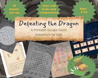 Può includere: Un gioco di escape room stampabile per bambini chiamato "Defeating the Dragon". Il gioco presenta una varietà di enigmi, tra cui un labirinto, una ricerca di parole, un puzzle logico e una sfida di decrittazione del codice. Il gioco è progettato per bambini di età compresa tra 8 e 12 anni e richiede circa 10 minuti per essere impostato.
