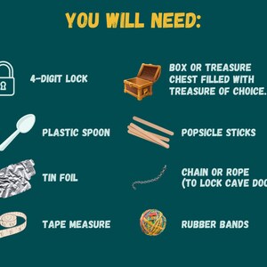 Puede incluir: Una lista de art&iacute;culos necesarios para un juego de b&uacute;squeda del tesoro, que incluye una cerradura de 4 d&iacute;gitos, una cuchara de pl&aacute;stico, papel de aluminio, una cinta m&eacute;trica, palitos de helado, una cadena o cuerda y gomas el&aacute;sticas. Tambi&eacute;n se incluye un cofre del tesoro de madera.
