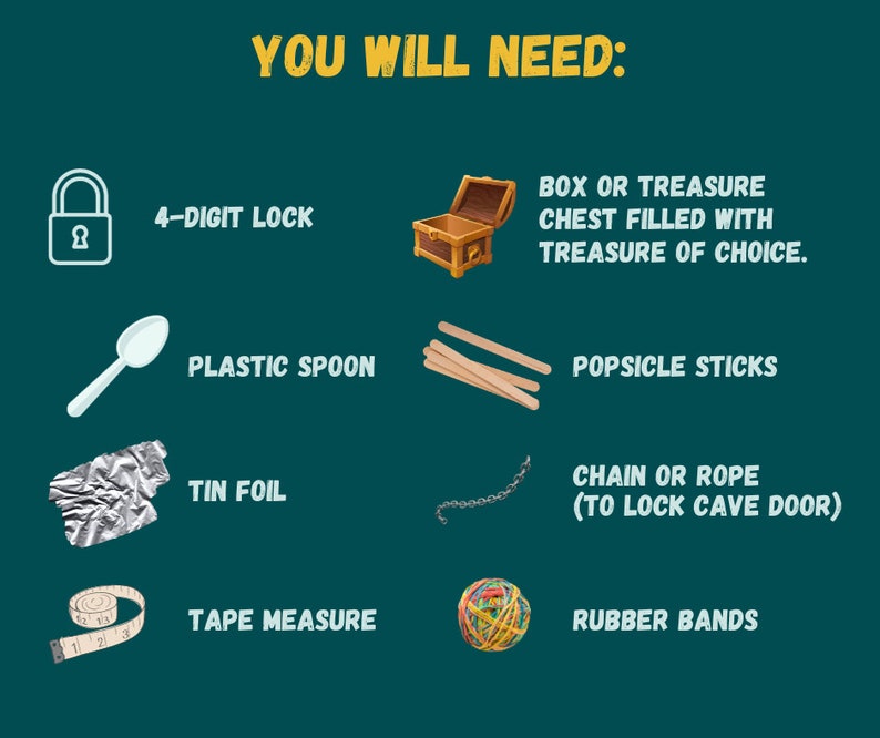 Puede incluir: Una lista de art&iacute;culos necesarios para un juego de b&uacute;squeda del tesoro, que incluye una cerradura de 4 d&iacute;gitos, una cuchara de pl&aacute;stico, papel de aluminio, una cinta m&eacute;trica, palitos de helado, una cadena o cuerda y gomas el&aacute;sticas. Tambi&eacute;n se incluye un cofre del tesoro de madera.