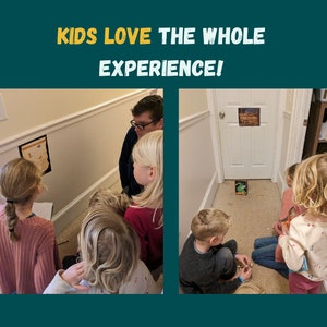 Puede incluir: Un grupo de ni&ntilde;os est&aacute;n jugando un juego en un pasillo. Est&aacute;n mirando un papel en la pared y un peque&ntilde;o objeto verde en el suelo. El texto en la pared dice "Kids Love The Whole Experience!"