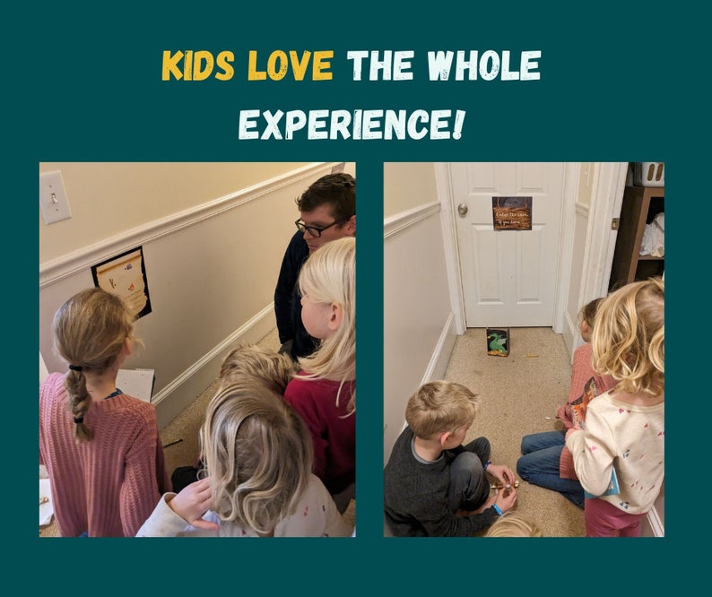 Puede incluir: Un grupo de ni&ntilde;os est&aacute;n jugando un juego en un pasillo. Est&aacute;n mirando un papel en la pared y un peque&ntilde;o objeto verde en el suelo. El texto en la pared dice "Kids Love The Whole Experience!"
