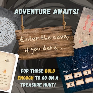 Puede incluir: Un juego de b&uacute;squeda del tesoro con un letrero de madera que dice "Entra en la cueva, si te atreves..." y el texto "&iexcl;PARA LOS QUE SE ATREVEN A IR A LA CAZA DEL TESORO!" El juego incluye un laberinto, un mapa de constelaciones y un conjunto de instrucciones.
