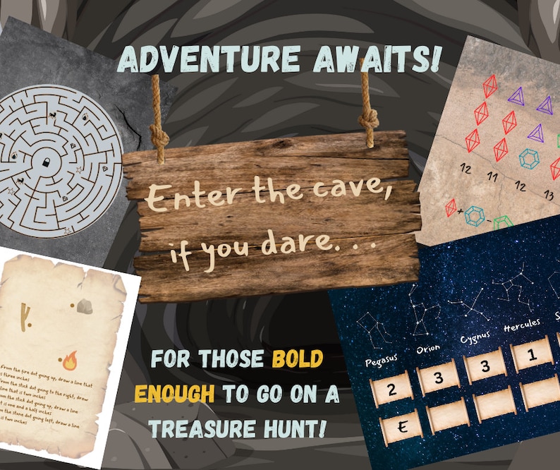 Puede incluir: Un juego de b&uacute;squeda del tesoro con un letrero de madera que dice "Entra en la cueva, si te atreves..." y el texto "&iexcl;PARA LOS QUE SE ATREVEN A IR A LA CAZA DEL TESORO!" El juego incluye un laberinto, un mapa de constelaciones y un conjunto de instrucciones.