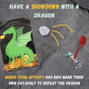 Puede incluir: Un drag&oacute;n verde con una pila de monedas de oro delante de &eacute;l. El texto "HAVE A SHOWDOWN WITH A DRAGON" est&aacute; encima de la imagen. El texto "BONUS STEM ACTIVITY HAS KIDS MAKE THEIR OWN CATAPULT TO DEFEAT THE DRAGON" est&aacute; debajo de la imagen.