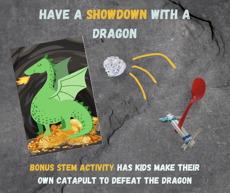 Puede incluir: Un drag&oacute;n verde con una pila de monedas de oro delante de &eacute;l. El texto "HAVE A SHOWDOWN WITH A DRAGON" est&aacute; encima de la imagen. El texto "BONUS STEM ACTIVITY HAS KIDS MAKE THEIR OWN CATAPULT TO DEFEAT THE DRAGON" est&aacute; debajo de la imagen.