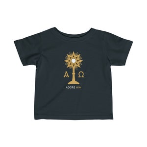 Infant Adore Him Alpha & Omega Tee, Adoration, Blessed Sacrament, Catholic Tee, Godparents gift, Child of God