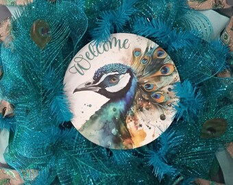 Watercolor Peacock Wreath, Iridescent Blue Deco Mesh Door Hanger