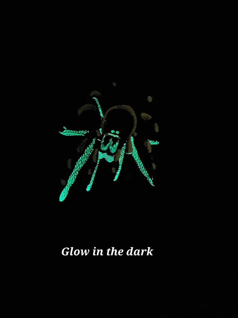 May include: A glow-in-the-dark sticker of a spider with a green outline. The sticker is on a black background. "Glow in the dark" is written in white text below the sticker.