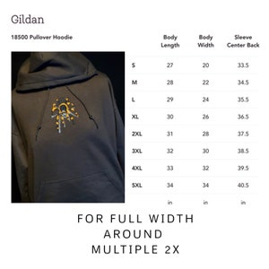 May include: A black Gildan 18500 pullover hoodie with a size chart showing measurements in inches for body length, body width, and sleeve center back. The hoodie has a small embroidered design of a spider on the front.