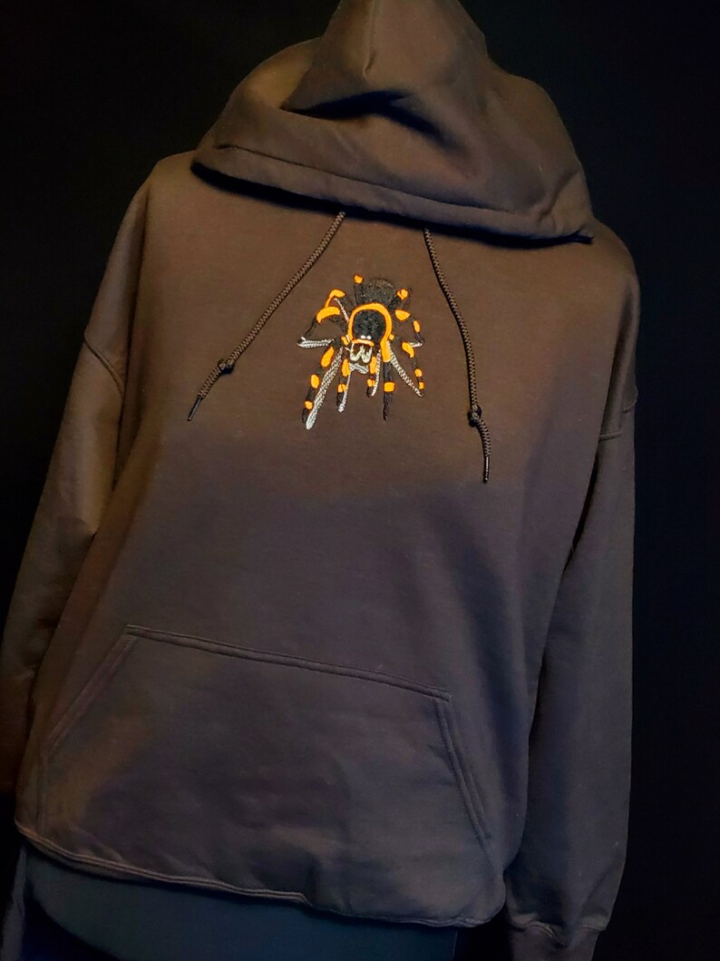 May include: A dark brown hooded sweatshirt with a black and orange embroidered spider on the front.