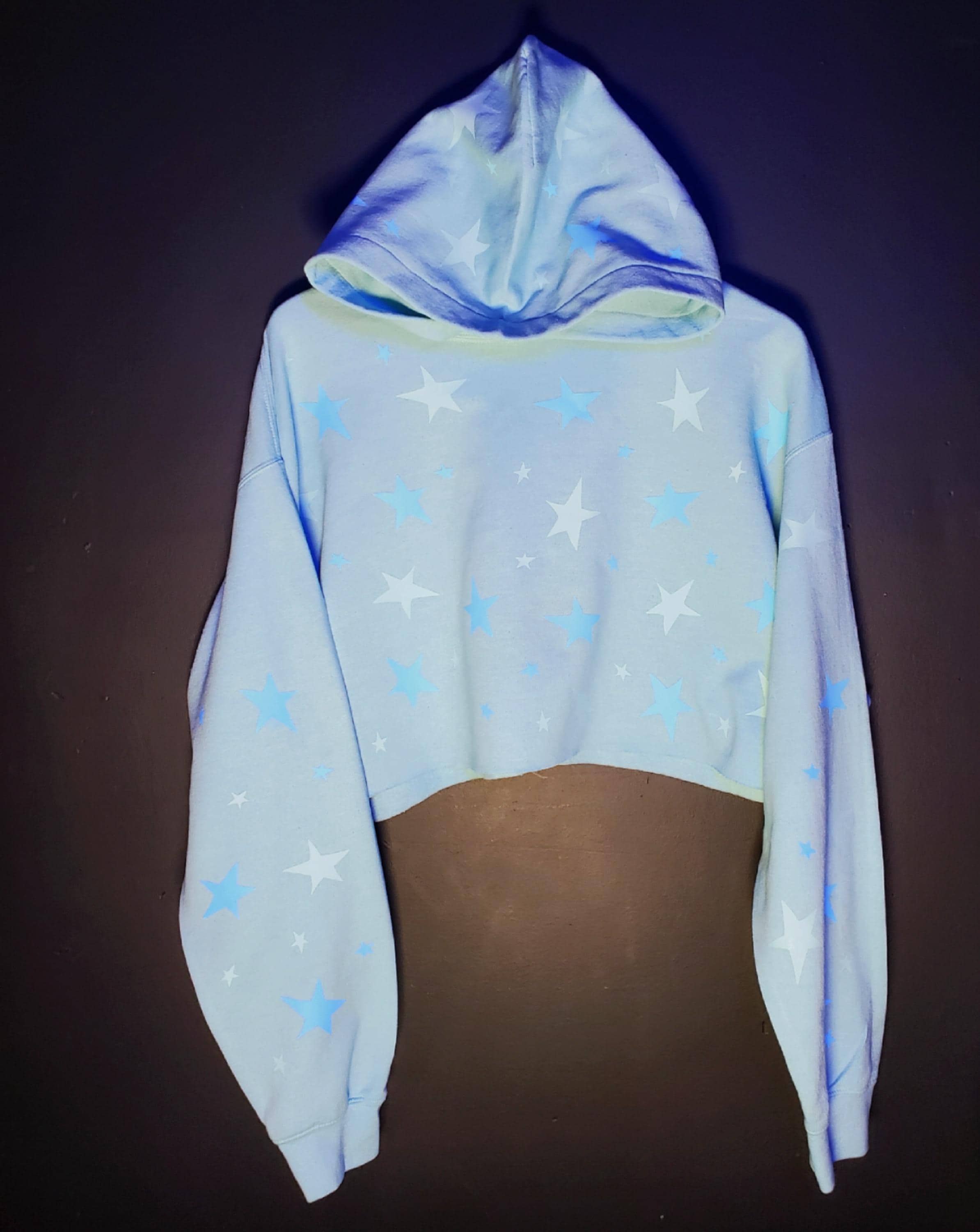 Dyed Light Blue cropped or full length hoodie with Light blue reflective and matte stars all over