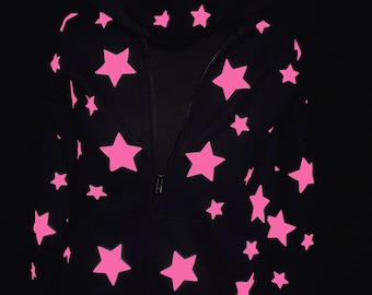 Black Zip up Hoodie with Hot Pink reflective star Hoodie. Stars Front and back, All over.