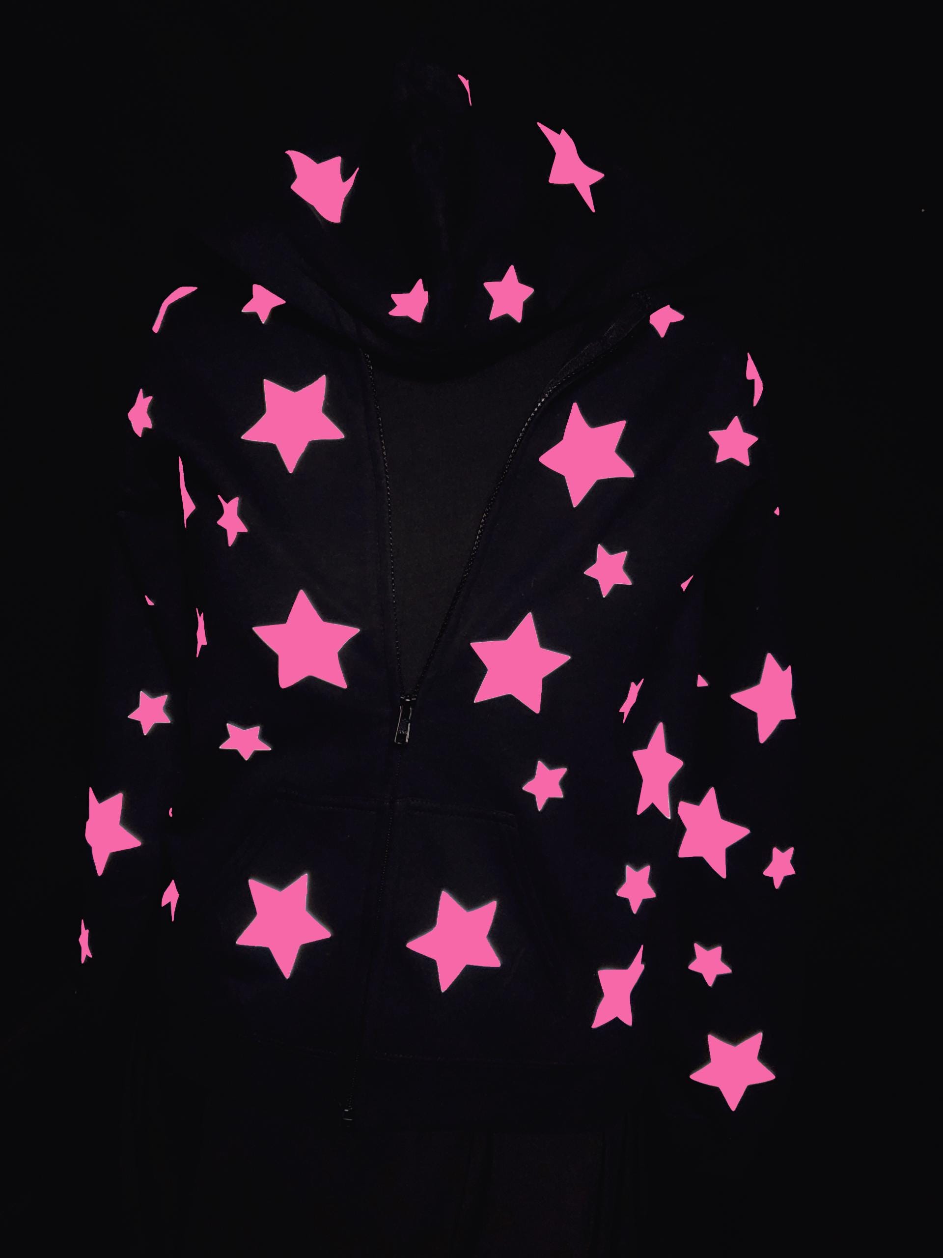 Black Zip up Hoodie With Hot Pink Reflective Star Hoodie. Stars