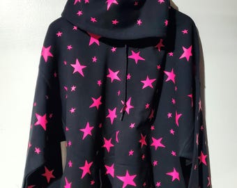 Black hoodie with Hot Pink glow in the dark stars all over. Available in Pull over or Zip up