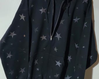 Black Zip up Hoodie with Black Matte and Black reflective star Hoodie