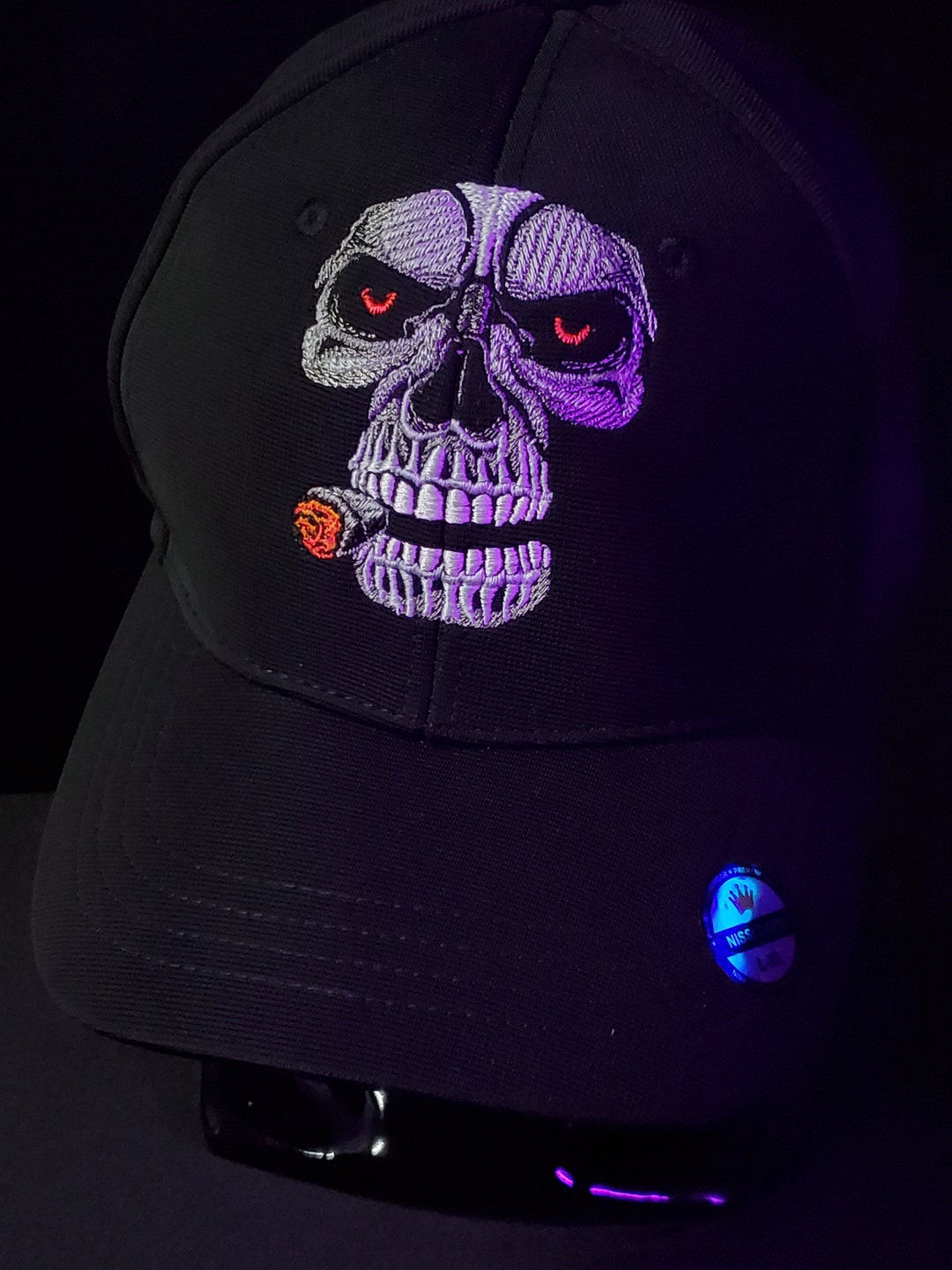 Skull Smoking Cigar Fitted Hat With Glow in the Dark Embroidered Design