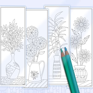 May include: Four black and white printable bookmark designs featuring different floral arrangements in vases. The designs include a bouquet of leaves, a bouquet of flowers, a bouquet of tall grass, and a bouquet of daisies.