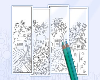 Bookmarks to Color Folk Art Houses, Primitive Printables, Hand Drawn Cute Cottages, Funky Floral Garden Bookmarks, Adult Coloring