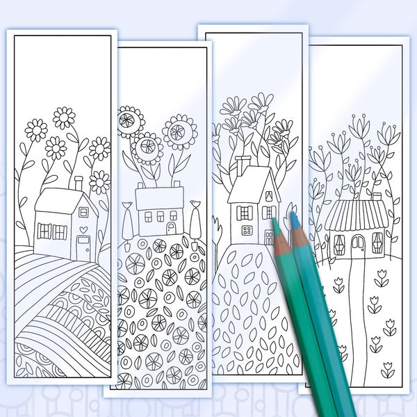 Bookmarks to Color Folk Art Houses, Primitive Printables, Hand Drawn Cute Cottages, Funky Floral Garden Bookmarks, Adult Coloring