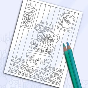 重ねたボウルとティーカップの塗り絵ページ、手描きのマインドフルネスアクティビティ、調理器具のPDF