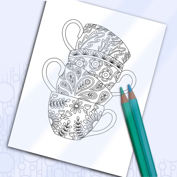 Printable Coloring Page Teacups, Adult Coloring Cups of Tea, Digital Page to Color Cups of Tea, Coloring Sheet Tangled Flower