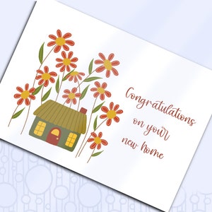 Tarjeta de felicitación imprimible, felicitaciones por la nueva casa, tarjeta de casa bastante nueva con flores rojas, tarjeta de felicitación de arte popular, sobre imprimible