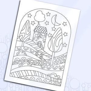 Coloring Card Folk House, Adult Coloring Greeting Card, Printable DIY Stationery, Naive Art Hand Drawn, Cottage and Garden