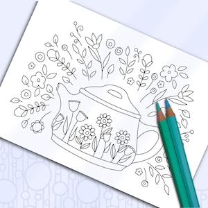 Scheda da colorare con teiera: scarabocchio di fiori disegnati a mano (PDF stampabile)