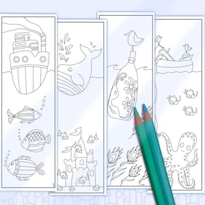 May include: Four black and white coloring pages featuring ocean-themed illustrations. The pages include a boat, a whale, a bottle with a seagull on top, and an octopus.